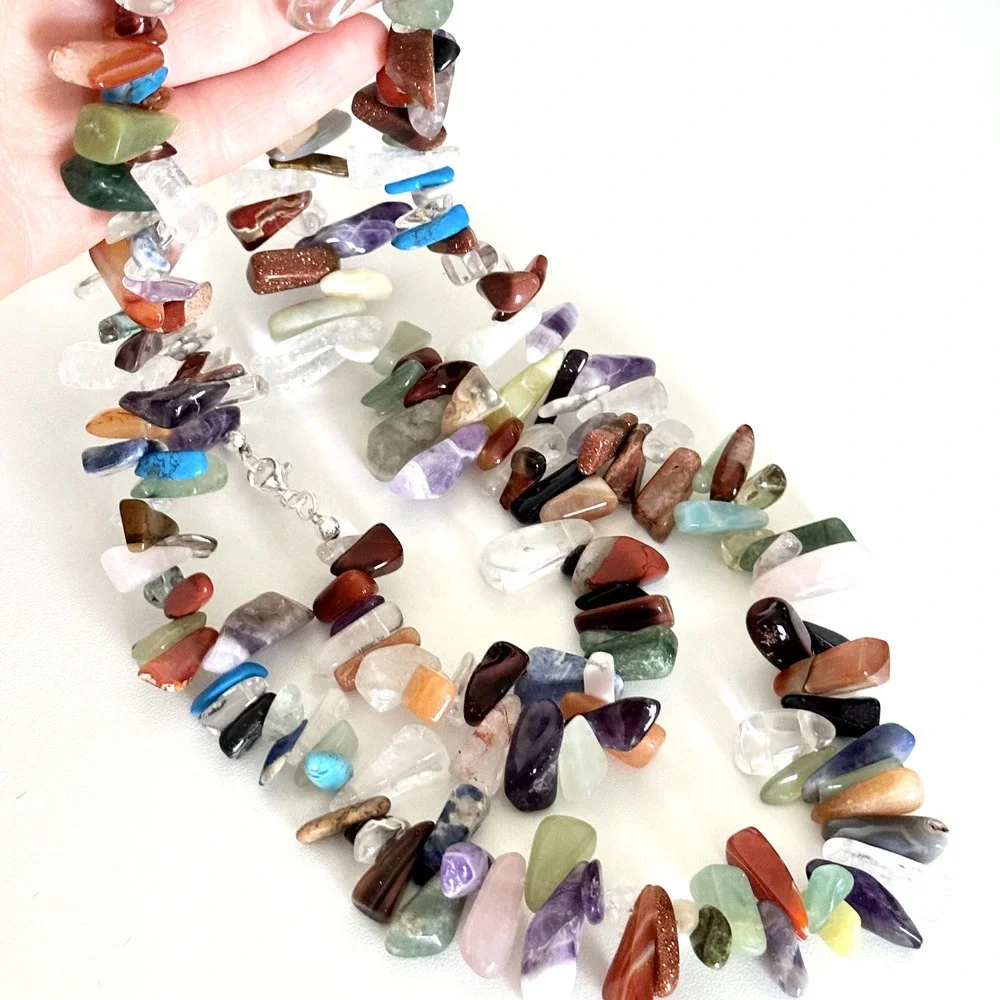 Vintage 925 Sterling Silver Multi Gemstone Nugget Chunky Statement Necklace 36